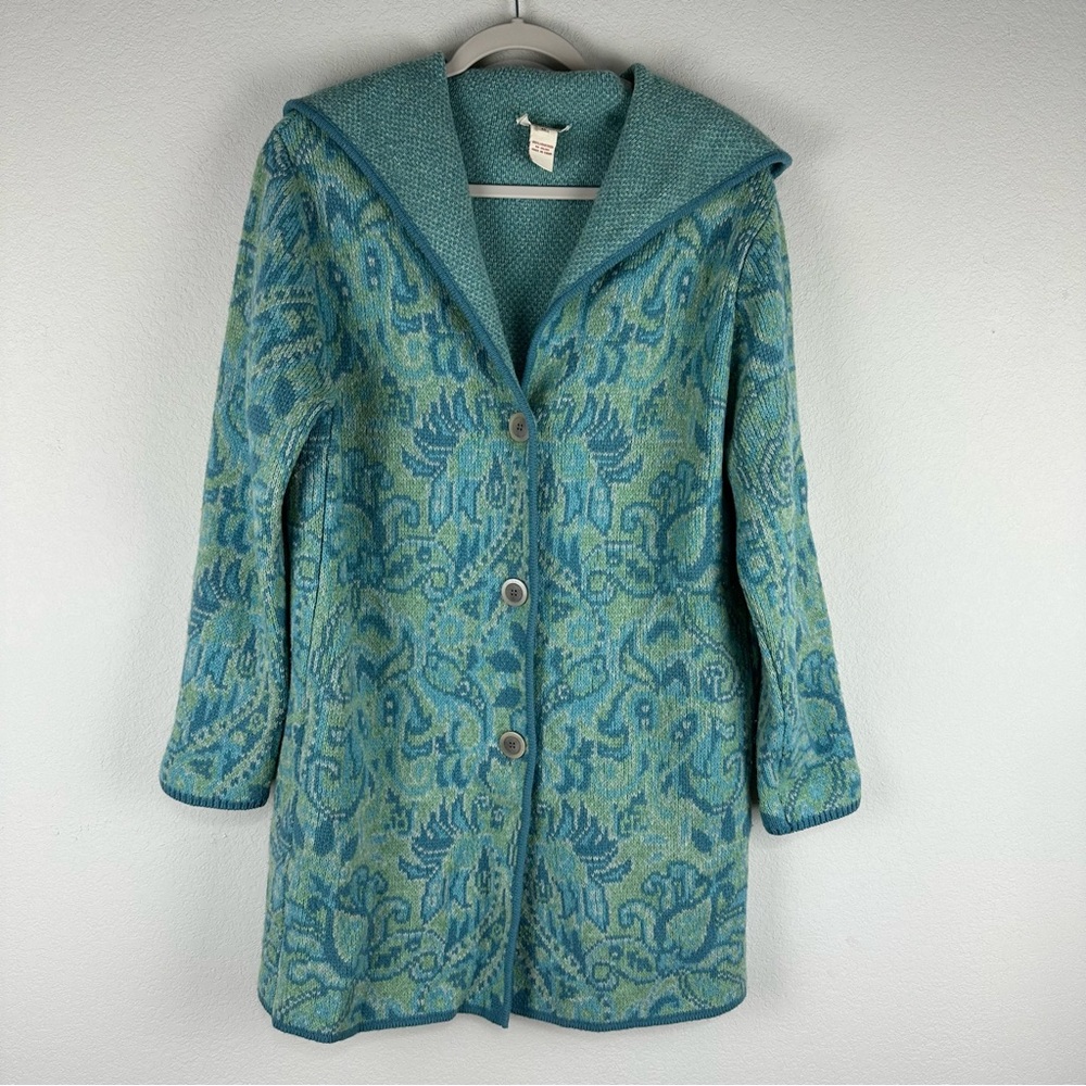 Sundance Blue Green Paisley Copenhagen 100% Lambswool Long Cardigan Size Medium
